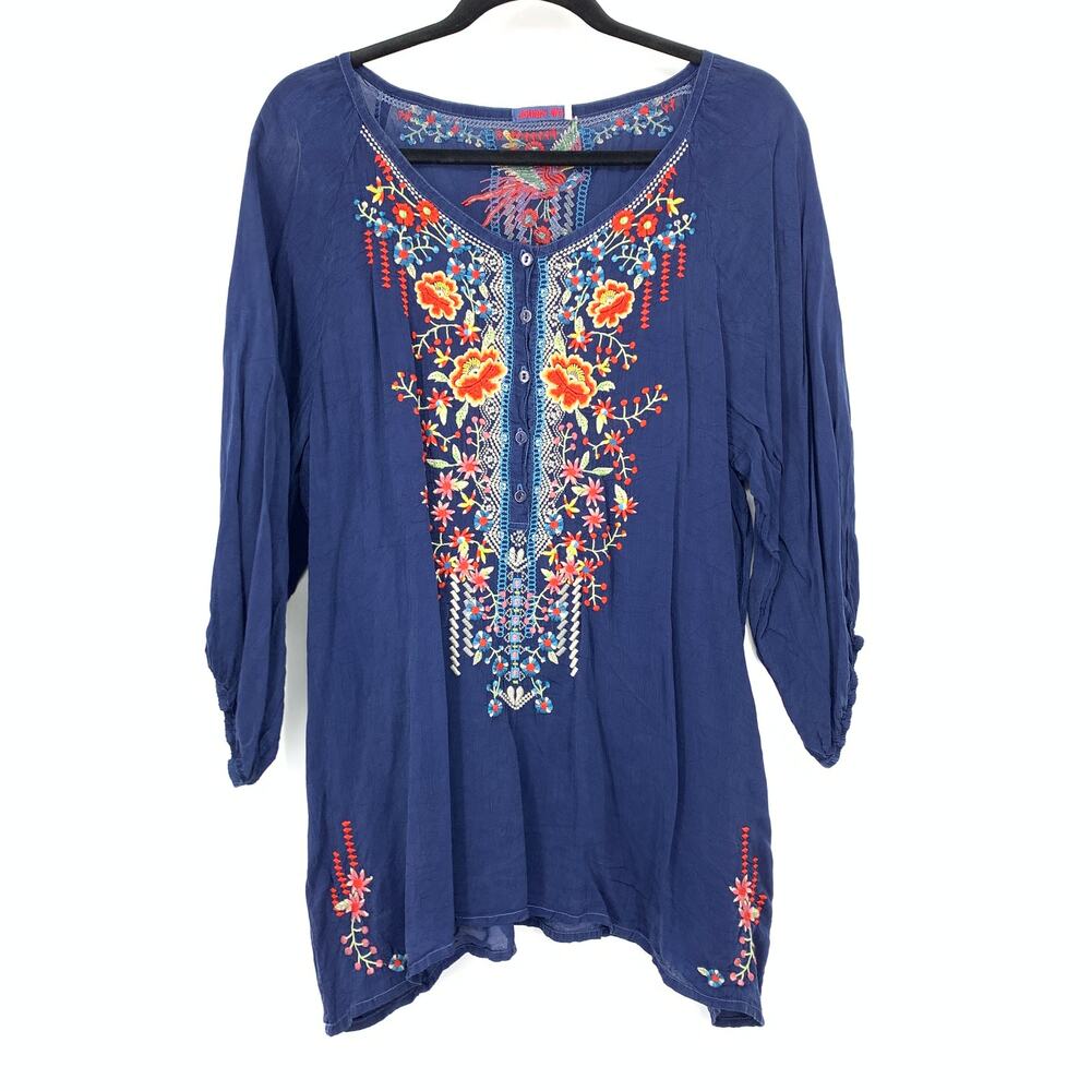 Johnny Was Womens L Navy Peasant Tunic Colorful Floral Embroidery Button Front